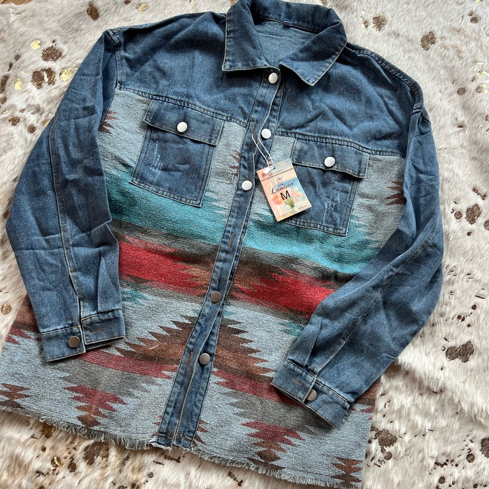 Denim Jacket with Southwestern Pattern
22 “ pit to pit